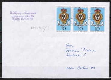 Bund 866 als portoger. MeF mit 3x 10 Pf Tag der Briefmarke 1975 auf Ortsbrief bis 20g von 1977 innerhalb Berlins