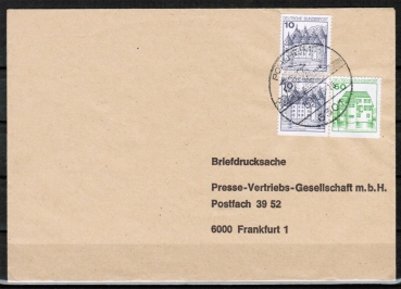 Bund 913+1038 u.g. als portoger. Zdr.-MiF mit 10+50 Pf grne B+S - Marken (oben)/unten geschn. als Zdr. aus MH im Bdr. auf Briefdrucksache von 1986