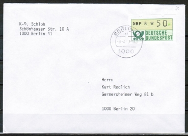 Bund ATM 1 - Marke zu 50 Pf in Spritzguss-Type als portoger. EF auf Ortsbrief bis 20g von 1987 innerhalb Berlins