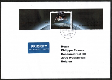 Bund 3479 als portoger. EF mit 370 Cent EZM aus Philatelieblock Mondlandung mit Rand auf Auslands-Brief 14x20 cm von 2019-2024 nach Belgien, codiert