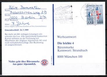 Berlin 842 als portoger. EF mit 60 Pf Luftbrcke auf Postkarte von 1989-1991 von Berlin ins Bundesgebiet, codiert
