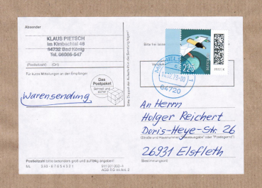 Bund 3673 als portoger. EF mit 225 Cent Briefe-Dauerserie aus Bogen mit SR auf Warensendungs-Adresse (500-1000g) von 2022-2023