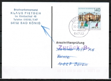 Bund 1568 als portoger. EF mit 140 Pf Wohlfahrt 1991 auf Einzel-Anschriftenprfungs-Postkarte von 1993-1997, codiert, rs. PrfStpl.