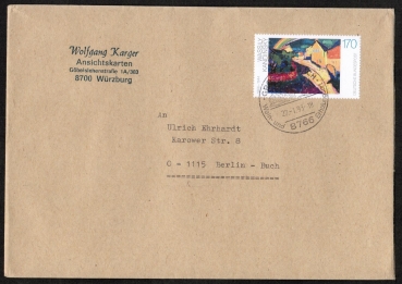 Bund 1619 als portoger. EF mit 170 Pf Wassily Kandinsky auf Inlands-Brief 20-50g / 14x20 cm von 1992 / 1993
