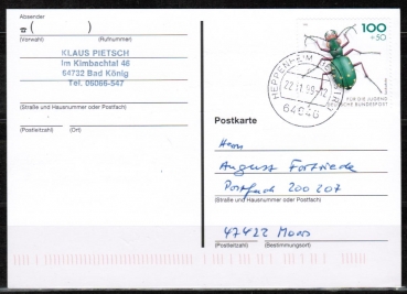 Bund 1669 als portoger. EF mit 100 Pf Jugend 1993 / Sandlufer auf Inlands-Postkarte von 1999, codiert