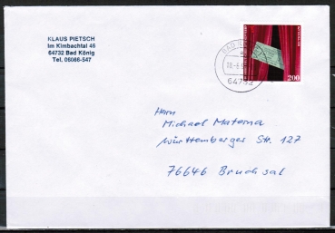 Bund 1857 als portoger. EF mit 200 Pf Bhnenverein auf Inlands-Kompakt-Brief 20-50g von 1996/1997, codiert