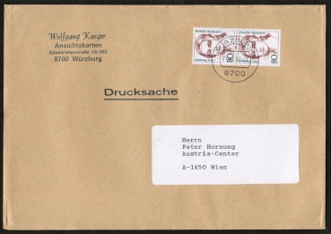 Bund 1305 als portoger. MeF mit 2x 80 Pf Clara Schumann auf Auslands-Drucksache 50-100g von 1989-1993 nach sterreich, AnkStpl.