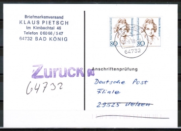 Bund 1755 als portoger. MeF mit 2x 80 Pf von Ense auf Anschriftenprfungs-Postkarte von 1997-2002, codiert, rs. mit Stpl.