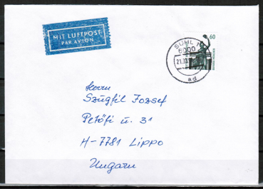 Bund 1341 als portoger. EF mit 60 Pf SWK aus Rolle auf VGO-Europa-Luftpost-Brief bis 20g vom Mrz 1991 nach Ungarn