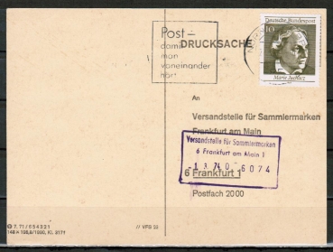 Bund 596 - 10 Pf EZM aus Frauen-Block - unterfrankiert auf Inlands-Drucksache-Postkarte vom Mrz 1974