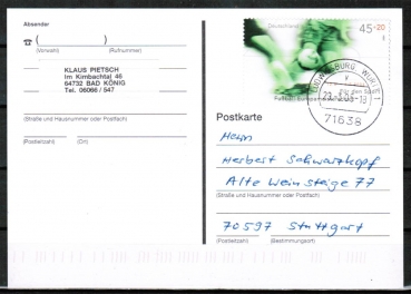 Bund 2382 als portoger. EF mt 45 Cent Sport 2004 / Fuball-EM auf Inlands-Postkarte von 2004-2019, codiert
