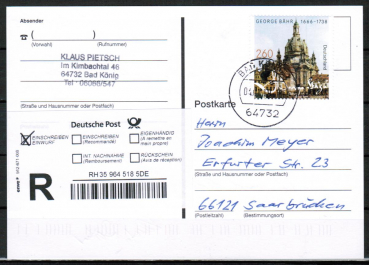Bund 3219 als portoger. EF mit 260 Cent Bhr-Kuppelkirche als Nassklebe-Marke auf Einwurf-Einschreib-Postkarte von 2016-2019, codiert
