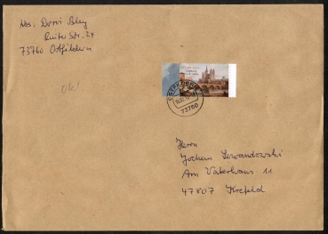 Bund 2773 als portoger. EF mit 145 Cent Limburg nasskl. auf bergroem B5-Inlands-Brief von 2010, ca. 25 cm lang