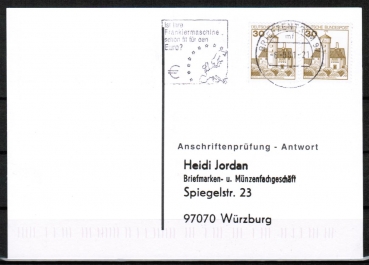 Bund 914 als portoger. MeF mit 2x 20 Pf B+S - Serie aus Rolle / Buchdruck auf Sammel-Anschriftenprfungs-Postkarte von 1993-2002, codiert