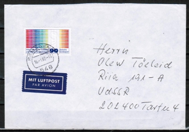 Bund 1053 als portoger. EF mit 90 Pf Hrgeschdigte auf Auslands-Brief bis 20 Gramm von 1980-1982 in die UdSSR, AnkStpl.
