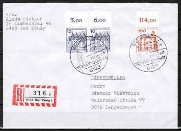 Bund 919 als portoger. MiF mit 190 Pf + 2x 10 Pf je B+S mit Oberrand auf Inlands-Einschreibe-Brief bis 20g von 1979