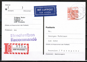 Bund 1143 als portoger. EF mit 300 Pf B+S - Serie aus Rolle im Letterset-Druck auf Luftpost-Einschreib-Postkarte von 1987-1989 nach Paragay, AnkStpl.