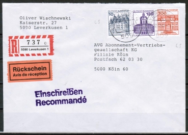 Bund 1143 als portoger. MiF mit 300 Pf B+S - Serie Rolle Letterset-Druck + 10+120 B+S auf Inl.-Einschr.-Rckschein-Brief von 1987-1989