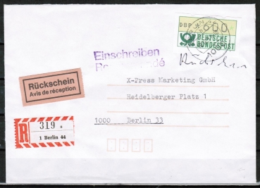 Bund ATM 1 - Marke zu 600 Pf als portoger. EF auf Inlands-Einschreibe-Rckschein-Brief (innerhalb Berlins) bis 20g von 1991-1992