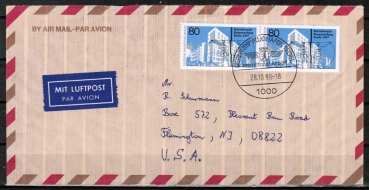 Berlin 785 als portoger. MeF mit 2x 80 Pf Bauausstellung auf Luftpost-Brief 5-10g von 1987-1989 von Berlin in die USA, rs. kleine Code-Stempelchen