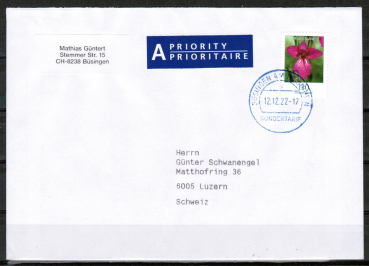 Bund 3471 als portoger. EF mit 110 Cent Blumen-Dauerserie aus Rolle auf A-Brief vom ZAG Bsingen von 2022 in die Schweiz