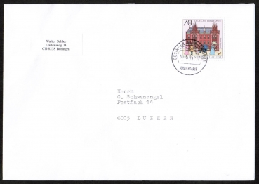 Bund 1565 als portoger. EF mit 70 Pf Wohlfahrt 1991 auf B-Brief vom ZAG Bsingen von 1993-1995 in die Schweiz, 14x20 cm