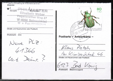 Bund 1667 als portoger. EF mit 80 Pf Jugend 1993 Rosenkfer auf Inlands-Postkarte von 1993 mit 4-stell. PLZ