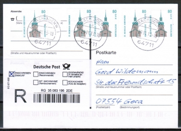 Bund 2177 als portoger.  MeF mit 5x 80 Pf / 0,41  SWK aus Bogen auf Inlands-Einwurf-Einschreib-Postkarte von 2013, codiert