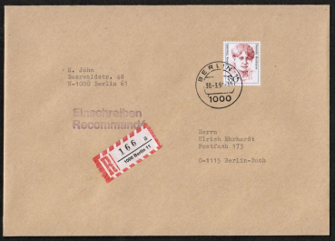 Bund 1393 als portoger. EF mit 350 Pf Frauen auf Orts-Einschreibe-Brief 20-50g / 14x20 cm vom Mrz 1991 von West- n. Ost-Berlin