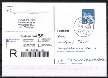 Bund 3207 als portoger. EF mit 260 Cent Blumen aus Rolle auf Inlands-Einwurf-Einschreib-Postkarte von 2016-2019 - im Ankauf gesucht !