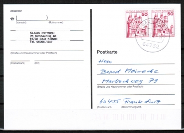 Bund 916 als portoger. MeF mit 2x roter 50 Pf B+S - Marke aus Bogen als waagr. Paar auf Inlands-Postkarte von 1997-2002, codiert