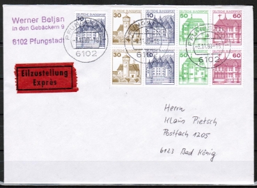 Bund B+S-Heftblatt 3,- DM mit roter 60 Pf B+S - Marke + 10 Pf B+S als portoger. H-Blatt-MiF auf Inlands-Eil-Brief bis 20g von 1980, AnkStpl.