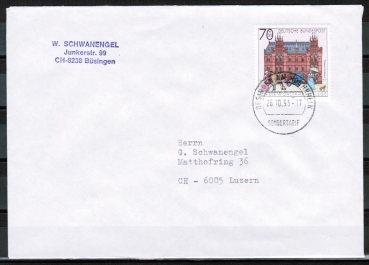Bund 1565 als portoger. EF mit 70 Pf Wohlfahrt 1991 auf B-Brief vom ZAG Bsingen von 1993-1995 in die Schweiz