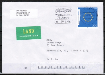 Bund 1791 als portoger. EF mit 200 Pf Europa 1995 auf bersee-Land-Brief bis 50g von 1996 in die USA, vs. codiert / + Codierstreifen