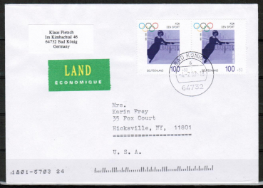 Bund 1863 als portoger. MeF mit 2x 100 Pf Sport 1996 / Eiskunstlauf auf bersee-Land-Brief bis 50g vom Juli 1997 in die USA, vs. codiert