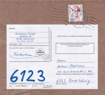Bund 1393 als portoger. EF mit 350 Pf Frauen auf Inlands-Pckchen-Adresse von 1989-1991