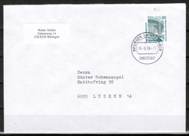 Bund 1342 als portoger. EF mit 80 Pf SWK aus Rolle auf B-Brief vom ZAG Bsingen in die Schweiz von 1996/1997