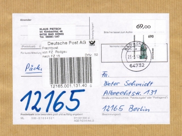 Bund 1860 als portoger. EF mit 690 Pf SWK aus Bogen mit Ober-Eckrand auf Inlands-Pckchen-Adress von 1996-2001 mit Label