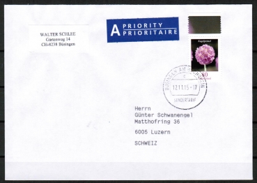 Bund 3115 als portoger. EF mit 80 Ct. Blumen / Kugelprimel aus Bogen mit Rand auf A-Brief vom ZAG Bsingen in die Schweiz von 2015, codiert
