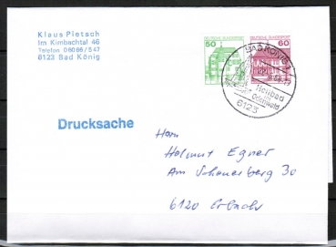 Bund 1038+1028 u.g. als portoger. Zdr.-EF mit 50 Pf gr�ne + 60 Pf rote B+S als Zdr. unten geschnitten aus MH auf Inlands-Drucksache 50-100g von 1982-1989