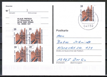 Bund 2224 MEF mit 5 mal 20 Pf / 0,10  SWK aus Bogen auf Inlands-Postkarte von 2001-2002, codiert