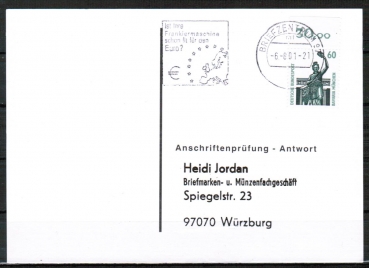 Bund 1341 als portoger. EF mit 60 Pf SWK als Oberrand-Marke auf Sammel-Anschriftenprfungs-Postkarte von 2001