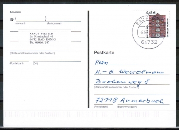 Bund 2299 als portoger. EF mit 0,45  SWK aus Bogen, Sicherheitsfarbe in Farbe, auf Inlands-Postkarte von 2003-2019, codiert