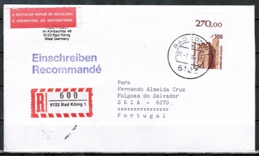 Bund 1348 als portoger. EF mit 300 Pf SWK aus Bogen mit Oberrand auf CEPT-Einschr.-Brief bis 20g von 1988 n. Portugal, AnkStpl.