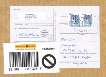 Bund 2323 als portoger. MeF mit 2x 4,10  SWK aus Rolle, Sicherheitsaufdruck ganzflchig, auf Ausl.-Pckchen-Adresse 2003-2004 nach Tschechien mit Label