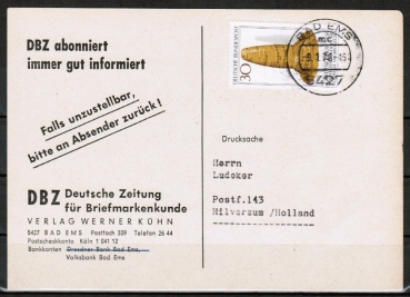 Bund 943 als portoger. EF mit 30 Pf Goldener Hut auf Auslands-Drucksache-Postkarte von 1977-1978 in die Niederlande