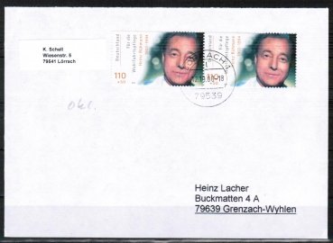 Bund 2146 - 2x 110 Pf Wohlfahrt 2000 / Heinz Rhmann auf Sammler-Umschlag mit Stempel vom Oktober 2000 / Ersttag