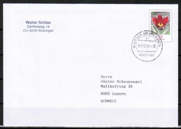 Bund 2968 als Ganzsachen-Umschlag mit eingdruckter Marke 58 Cent Blumen-Serie als B-Brief von 2013 vom ZAG Bsingen in die Schweiz