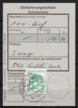 Bund 1038 LS als portoger. EF mit grner 50 Pf B+S - Marke aus Rolle / Letterset auf Einlieferungsschein fr Nachnahme-Brief von 1987-1989
