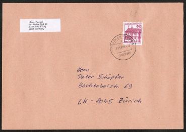 Bund 1028 als portoger. EF mit roter 60 Pf B+S - Marke aus Rolle im Letterset-Druck auf Brief vom ZAG Bsingen von 1988 in die Schweiz, 14x20 cm